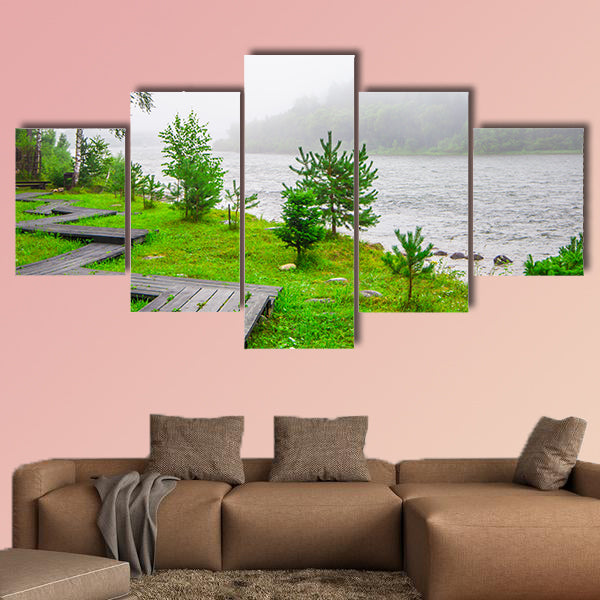  Trails in a foggy forest near water multi panel canvas wall art