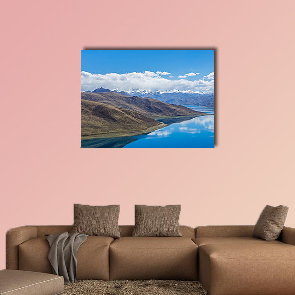 Yamdrok lake highest land with mountains under blue sky canvas wall art