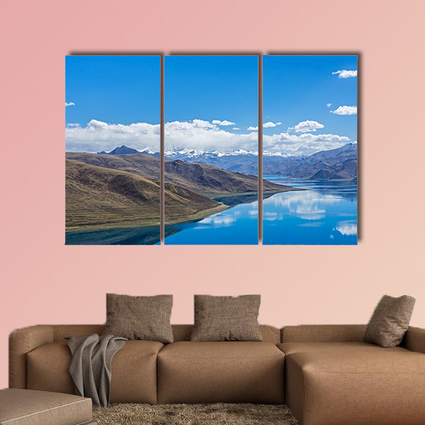Yamdrok lake highest land with mountains under blue sky canvas wall art