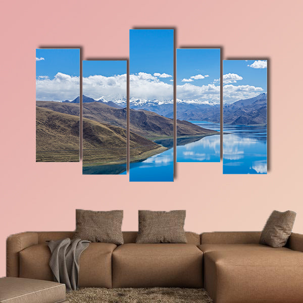 Yamdrok lake highest land with mountains under blue sky canvas wall art