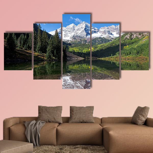 Snow covered Maroon Bells in autumn multi panel canvas wall art