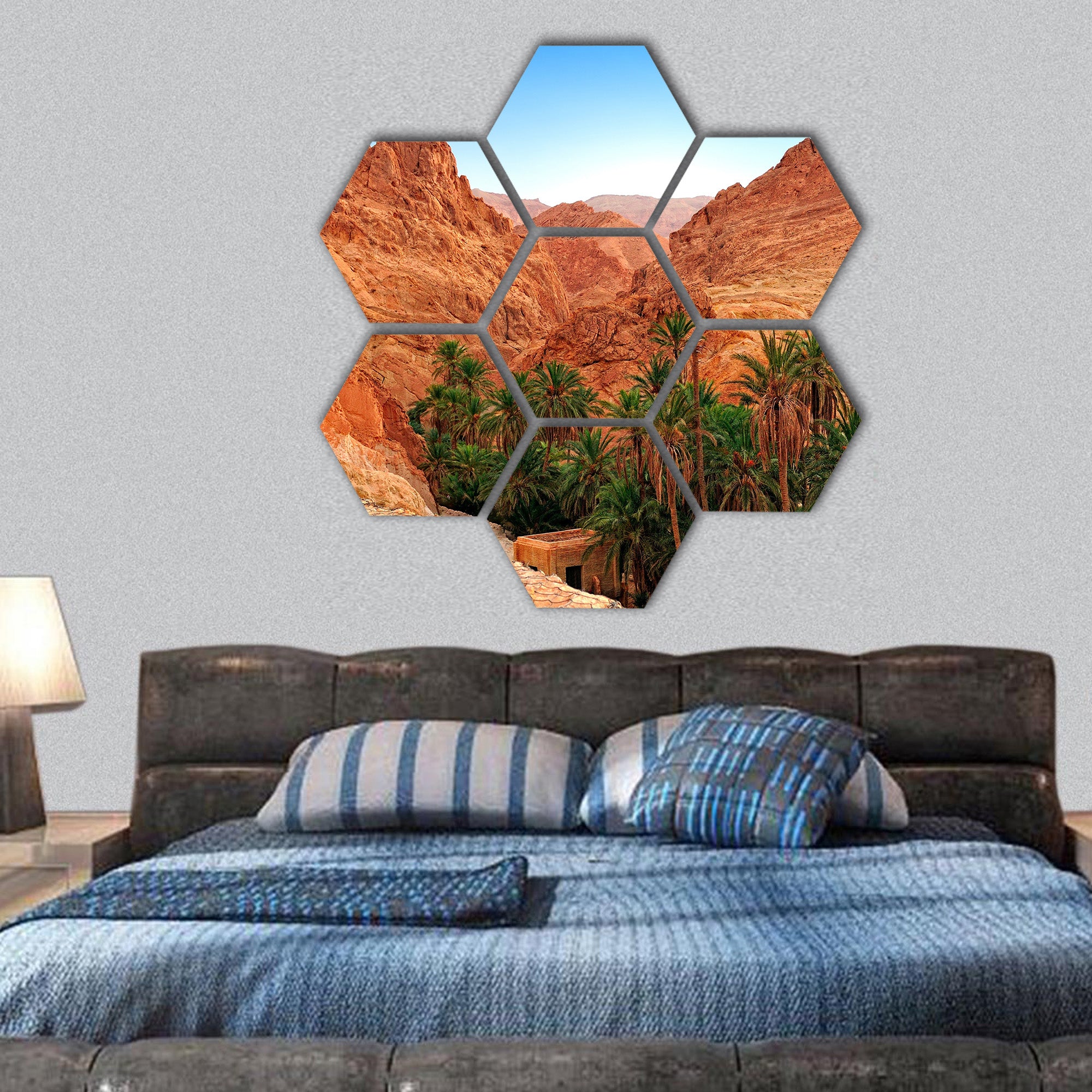 Mountain oasis Chebika at border of Sahara hexagonal canvas wall art