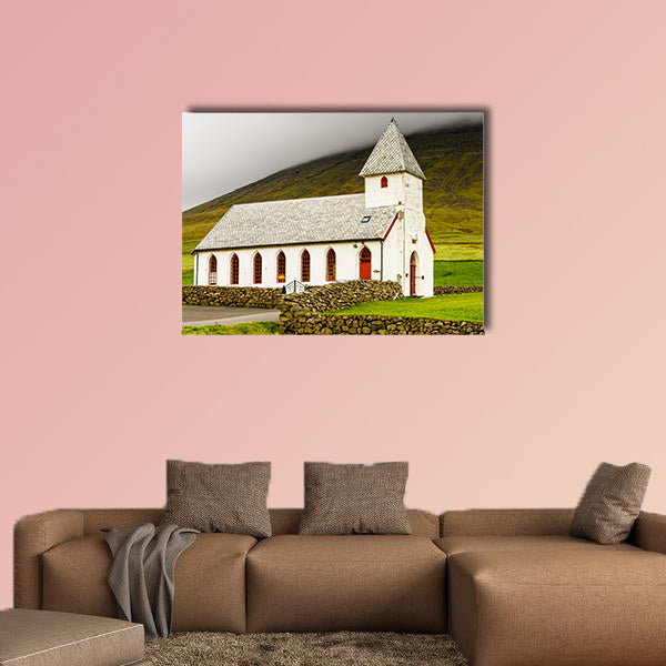 Church on Sandoy, one of the biggest of all the Faroe Islands wall art