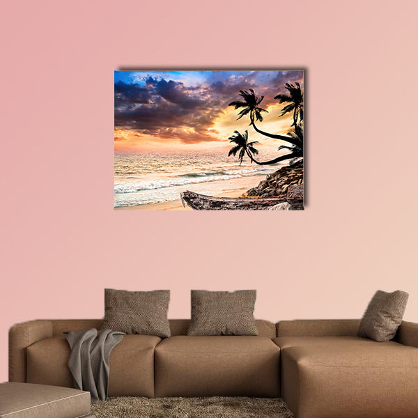 Fishing boat on the beach near the ocean at dramatic wall art