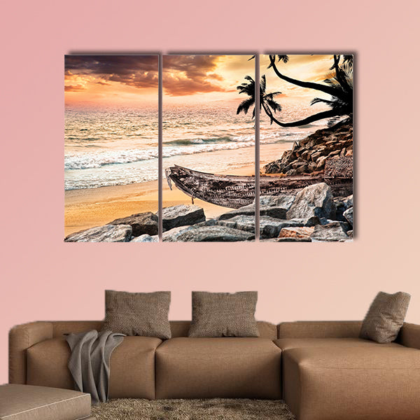 Fishing boat on the beach near the ocean at dramatic wall art