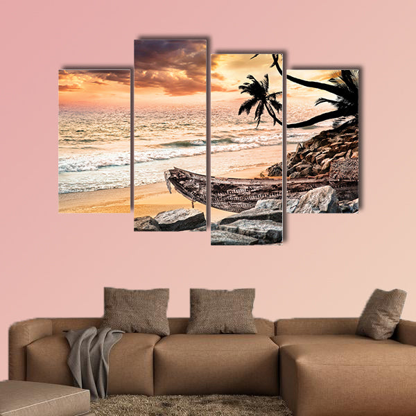 Fishing boat on the beach near the ocean at dramatic wall art