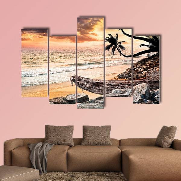 Fishing boat on the beach near the ocean at dramatic wall art
