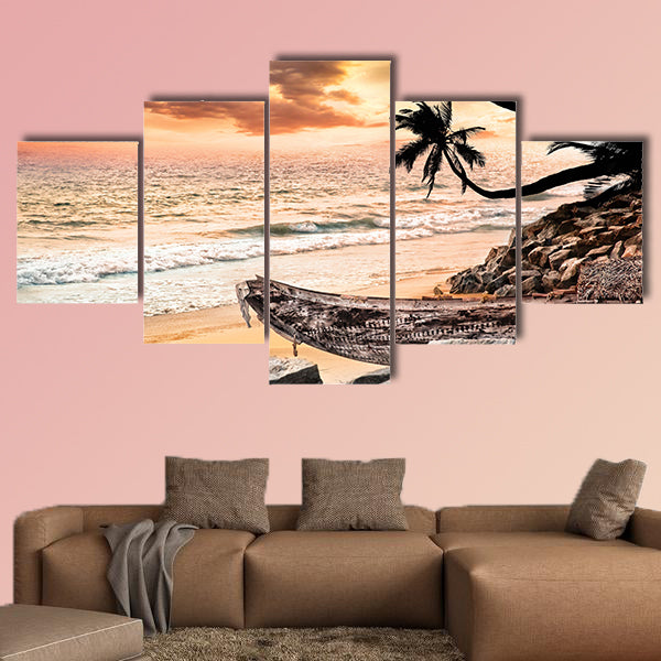 Fishing boat on the beach near the ocean at dramatic wall art