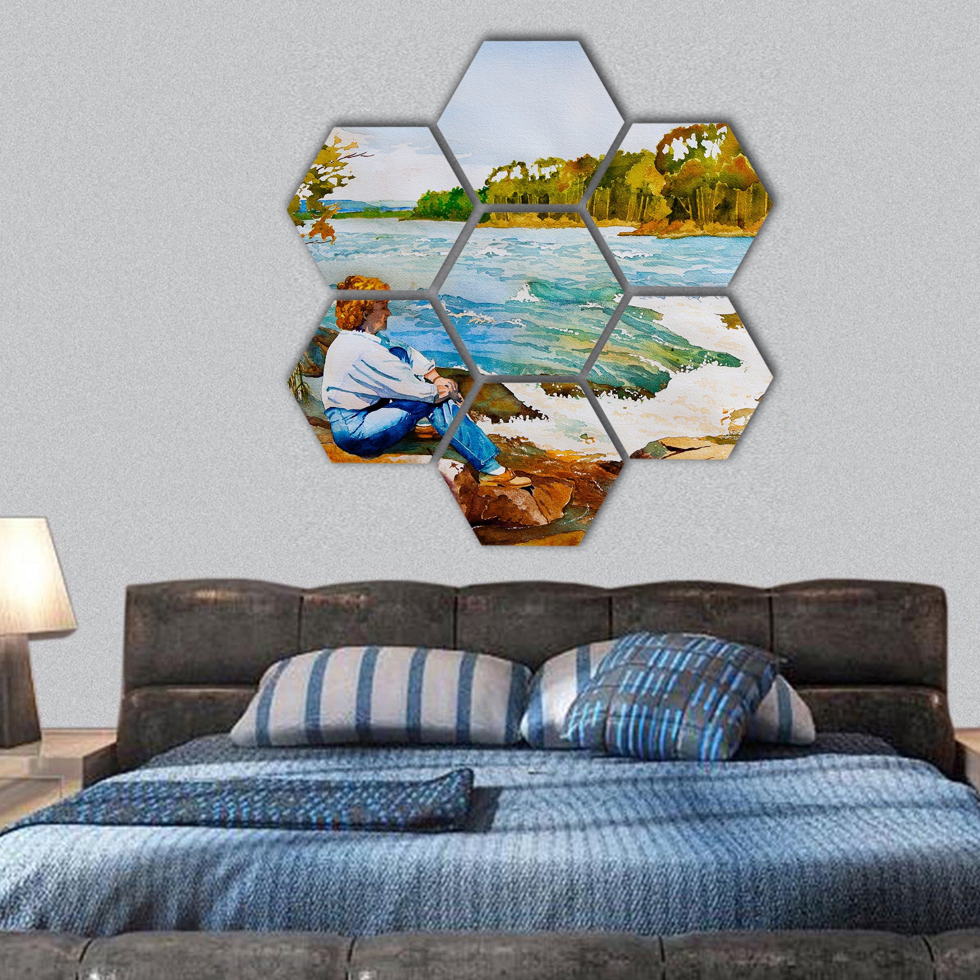Watercolor painting, Canada in Autumn hexagonal canvas wall art