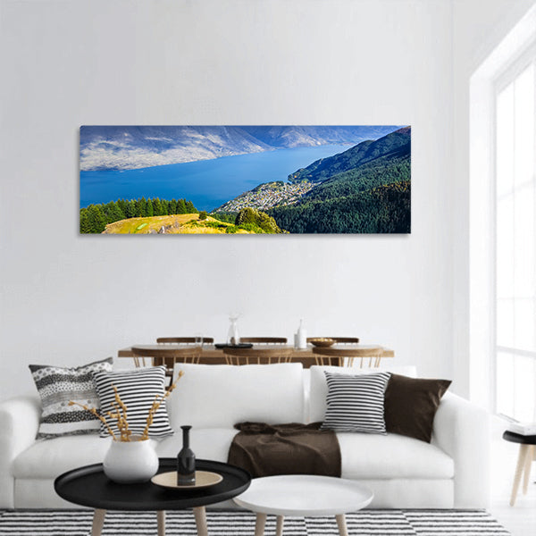 Lake Wakatipu and Queenstown aerial view, New Zealand panoramic canvas wall art