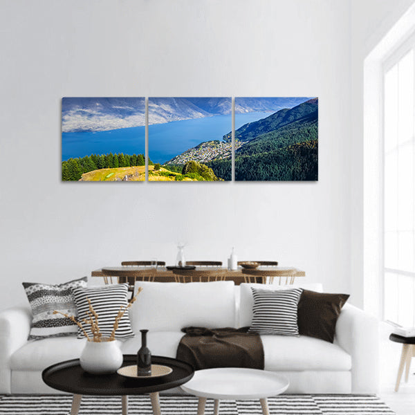 Lake Wakatipu and Queenstown aerial view, New Zealand panoramic canvas wall art