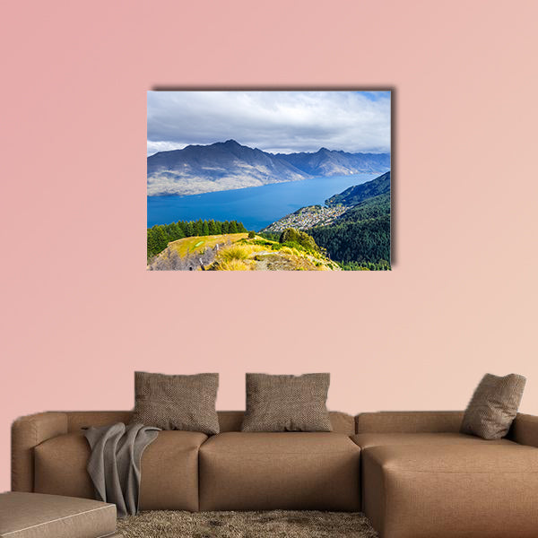 Lake Wakatipu and Queenstown aerial view, New Zealand multi panel canvas wall art