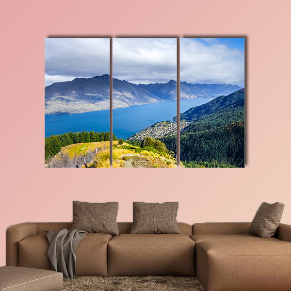 Lake Wakatipu and Queenstown aerial view, New Zealand multi panel canvas wall art