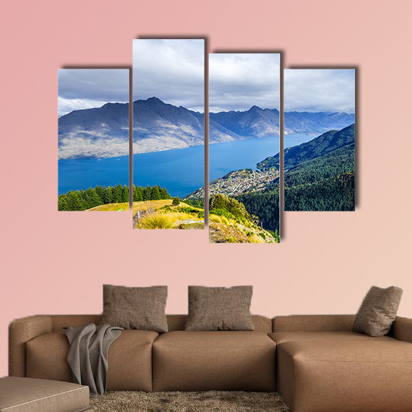 Lake Wakatipu and Queenstown aerial view, New Zealand multi panel canvas wall art