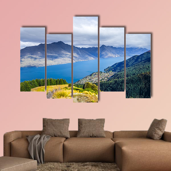 Lake Wakatipu and Queenstown aerial view, New Zealand multi panel canvas wall art