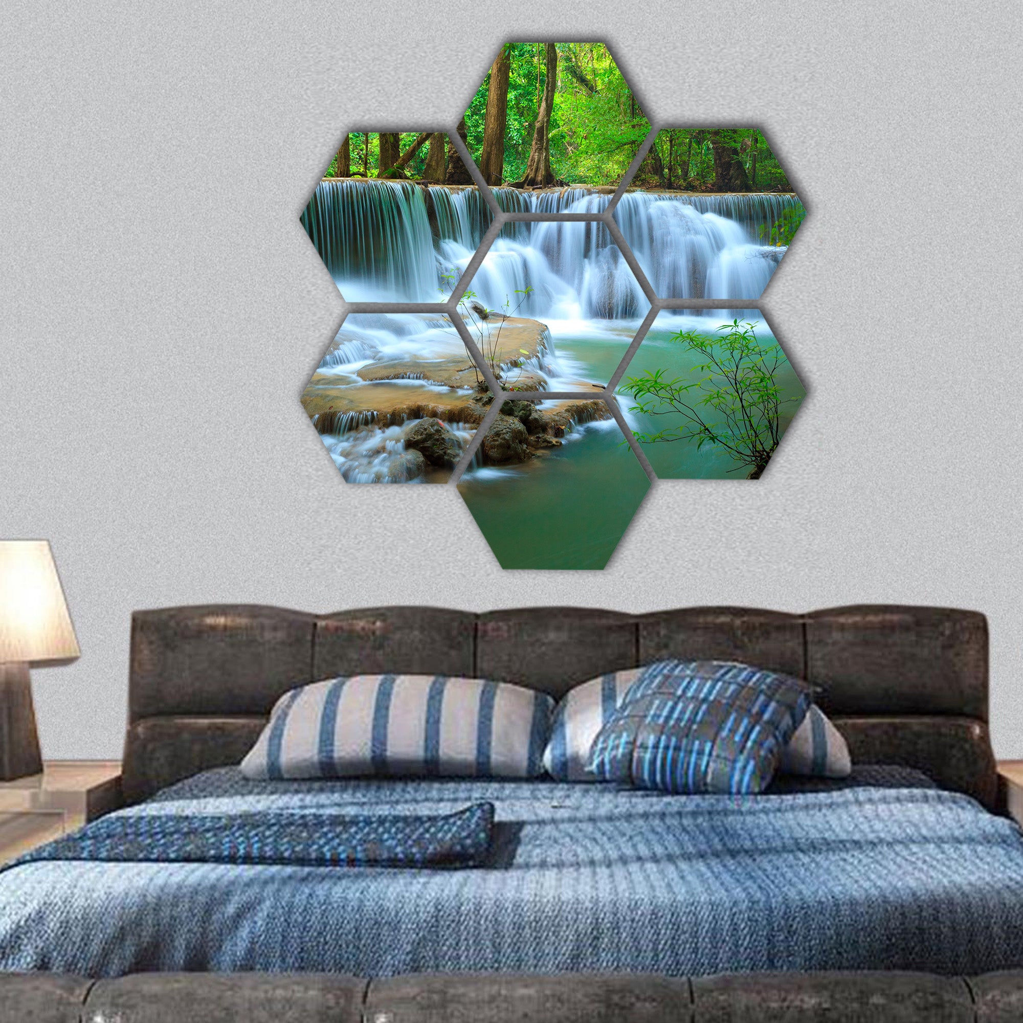 Deep forest Waterfall, Kanchanaburi, Thailand hexagonal canvas wall art