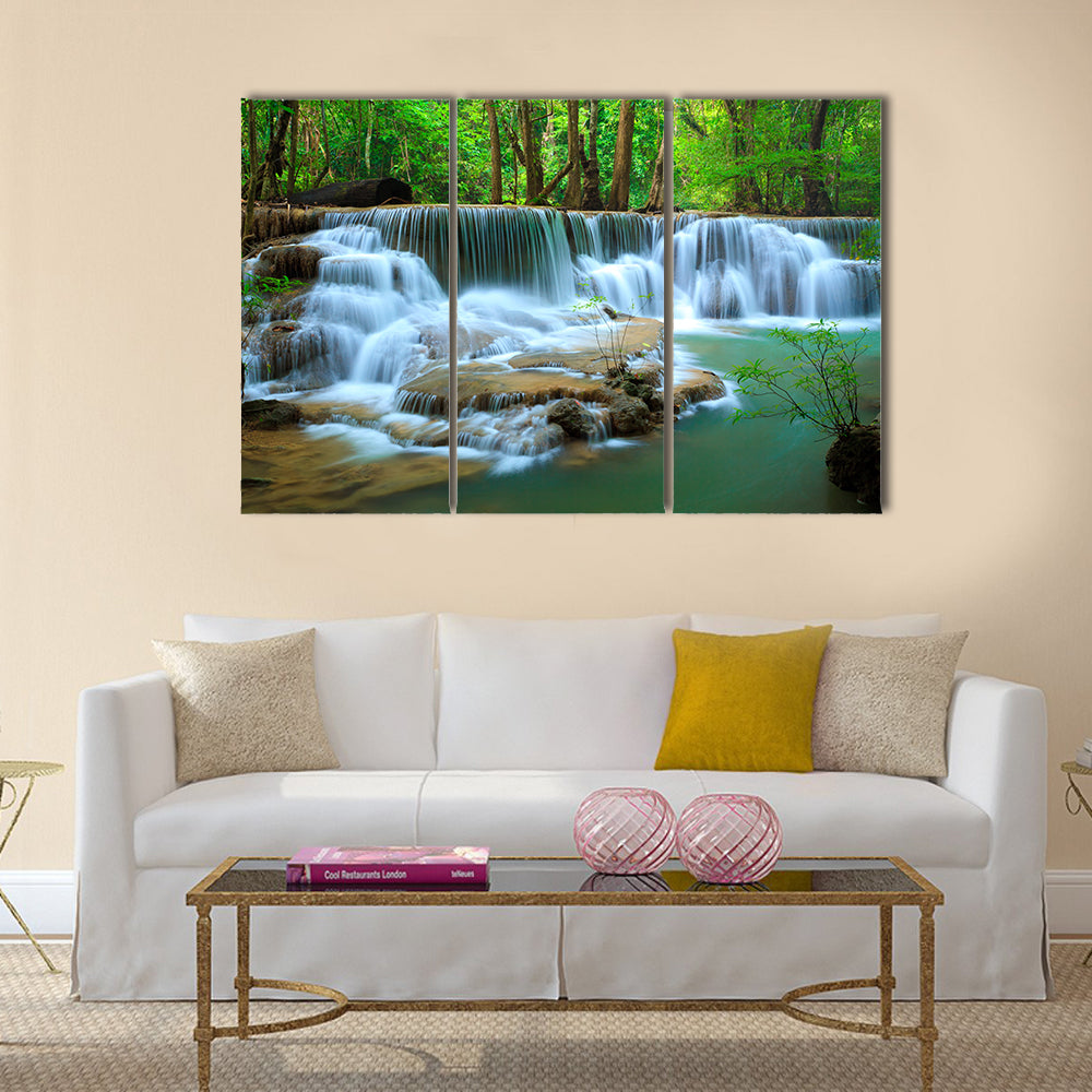 Deep forest Waterfall, Kanchanaburi, Thailand Multi Panel Canvas Wall Art