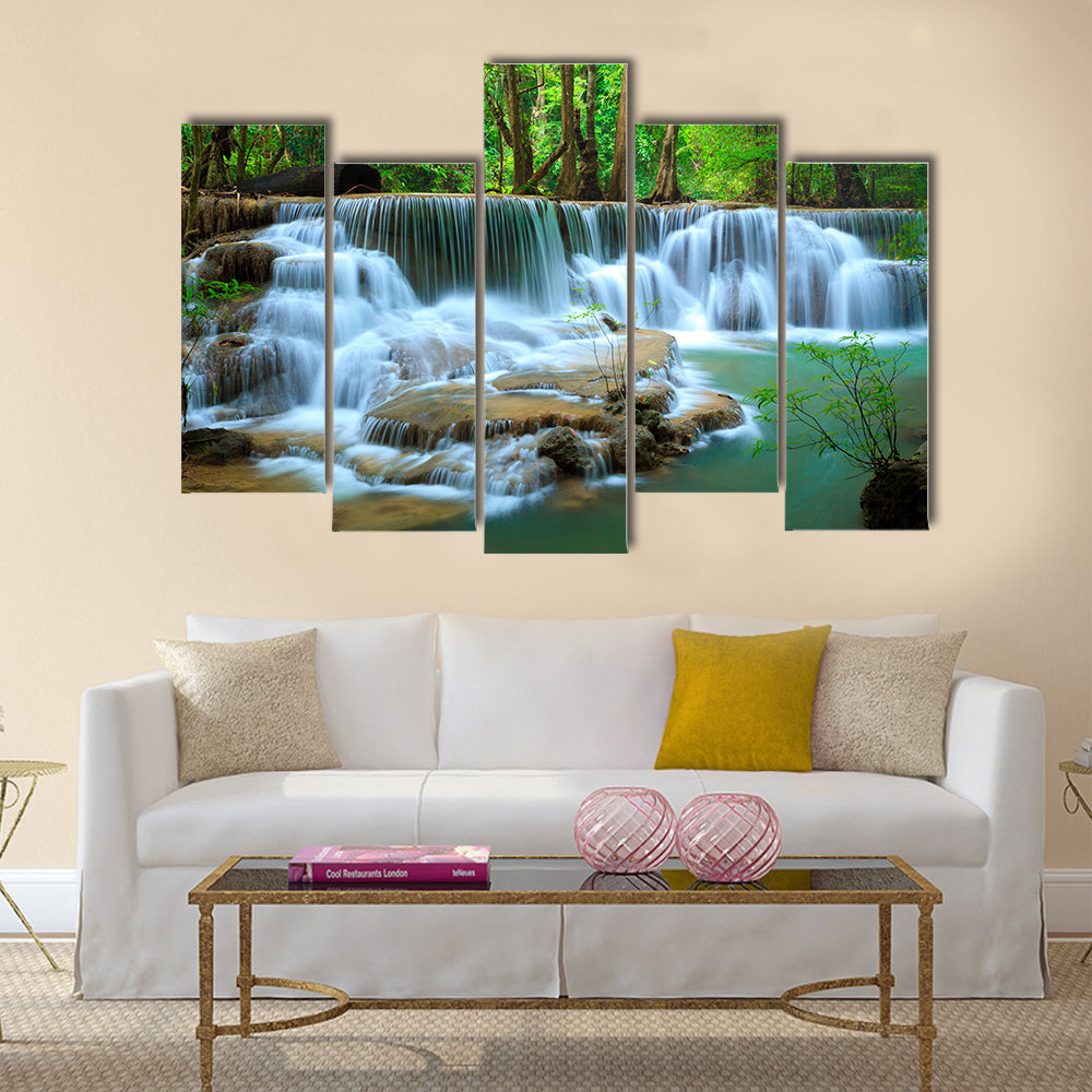 Deep forest Waterfall, Kanchanaburi, Thailand Multi Panel Canvas Wall Art