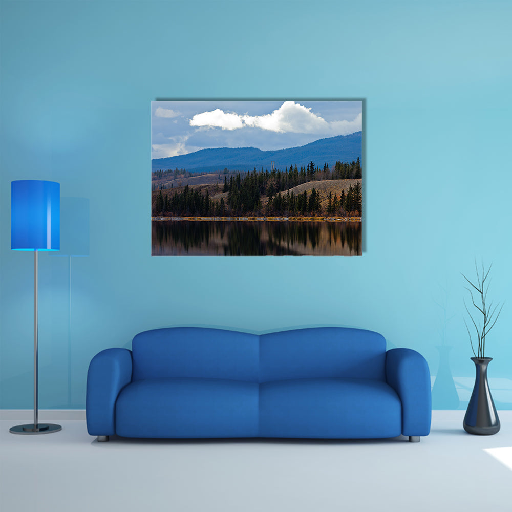 Power transmission line at calm, small lake in late fall, Yukon Territory, Canada multi panel canvas wall art