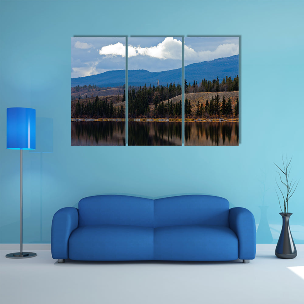 Power transmission line at calm, small lake in late fall, Yukon Territory, Canada multi panel canvas wall art