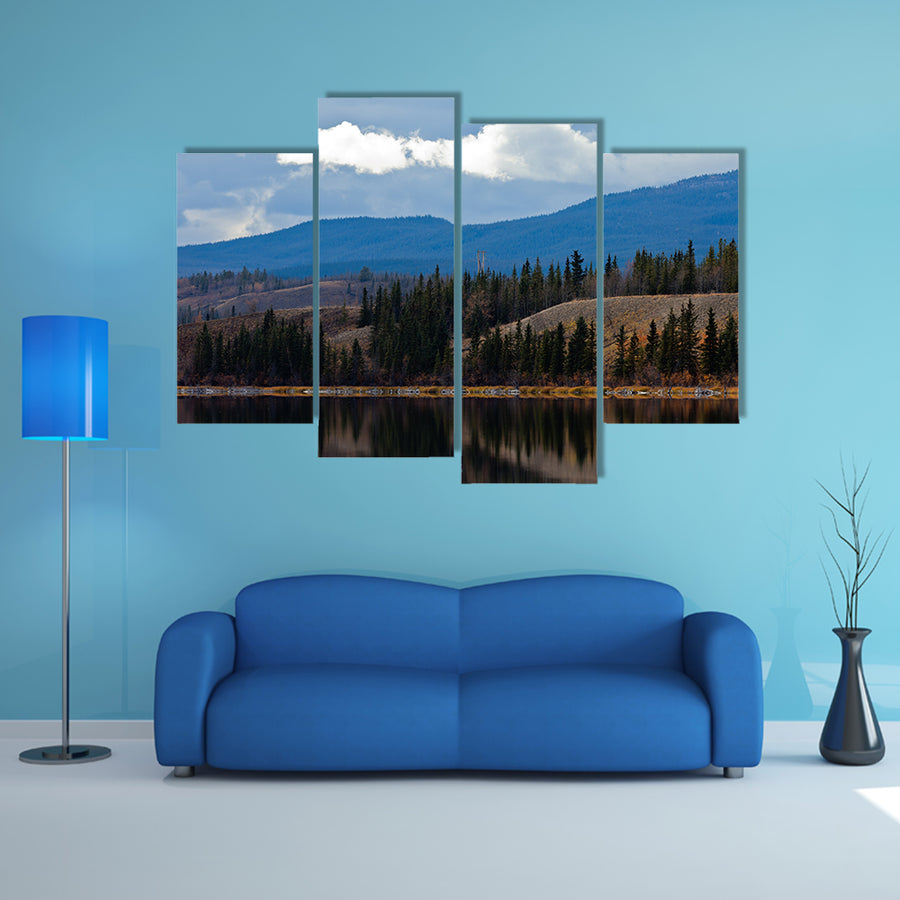 Power transmission line at calm, small lake in late fall, Yukon Territory, Canada multi panel canvas wall art