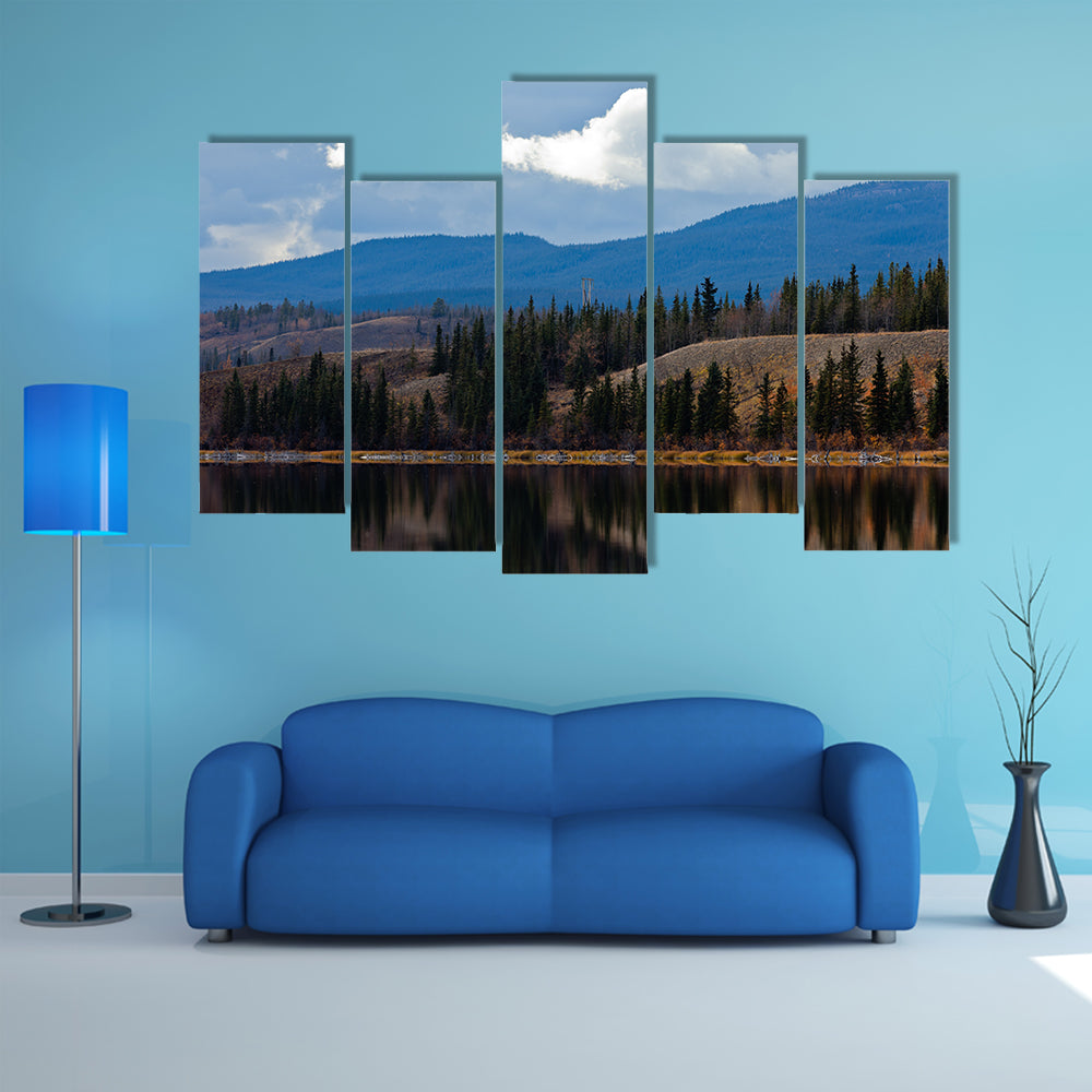 Power transmission line at calm, small lake in late fall, Yukon Territory, Canada multi panel canvas wall art