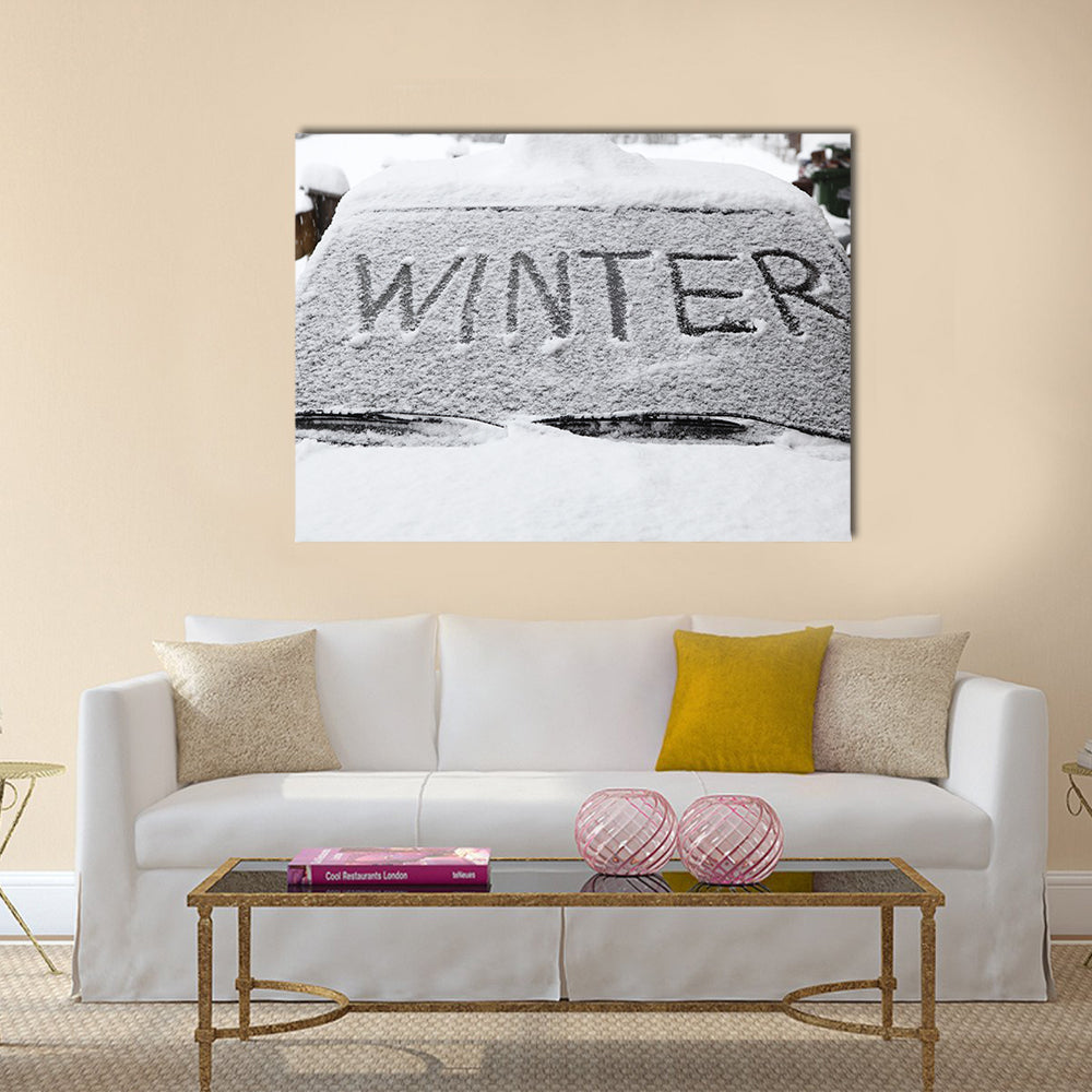 Winter with snow flakes on car screen Multi panel canvas wall art