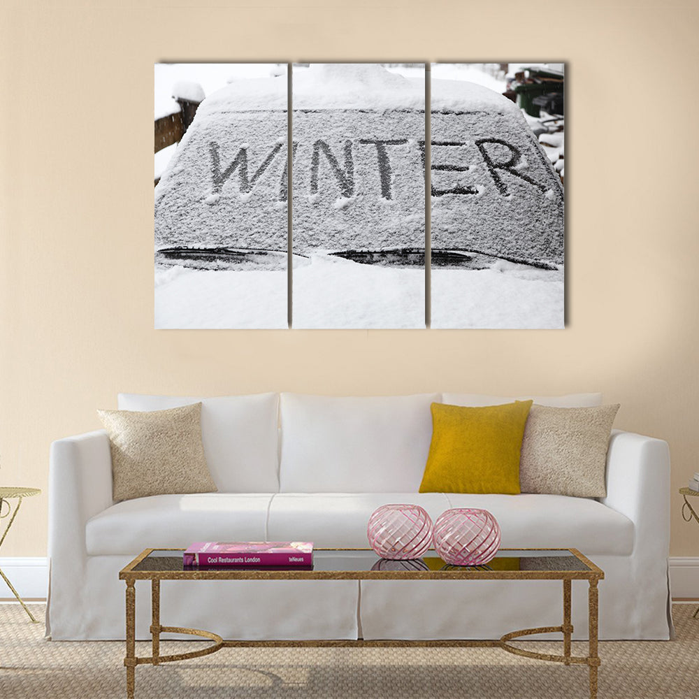 Winter with snow flakes on car screen Multi panel canvas wall art