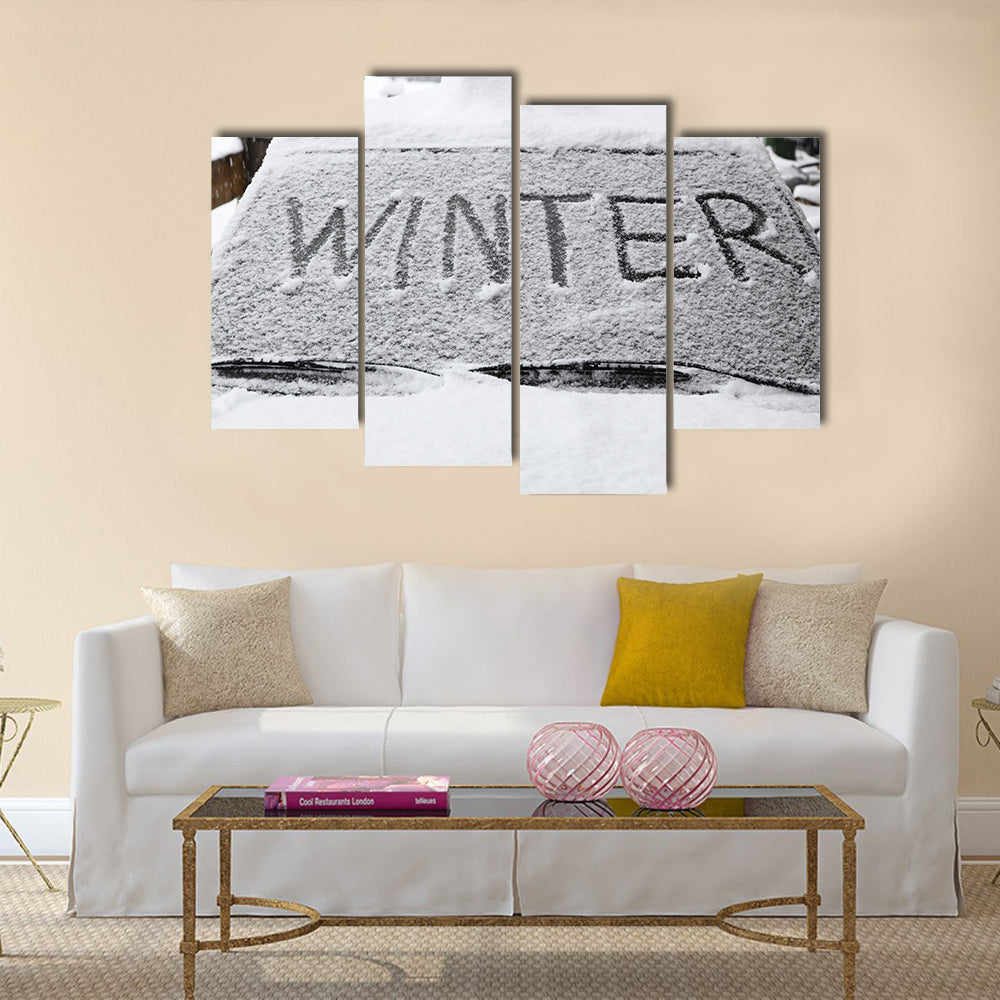Winter with snow flakes on car screen Multi panel canvas wall art