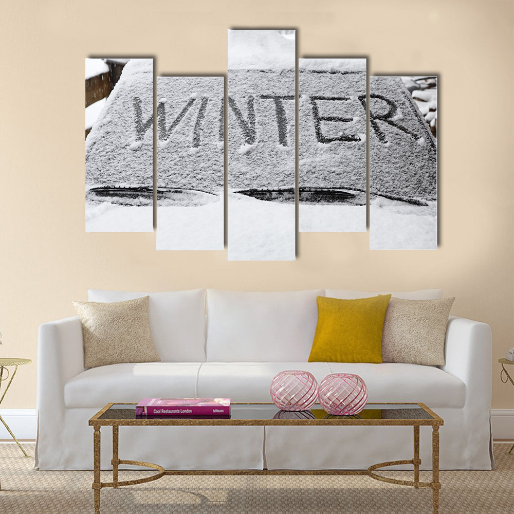 Winter with snow flakes on car screen Multi panel canvas wall art