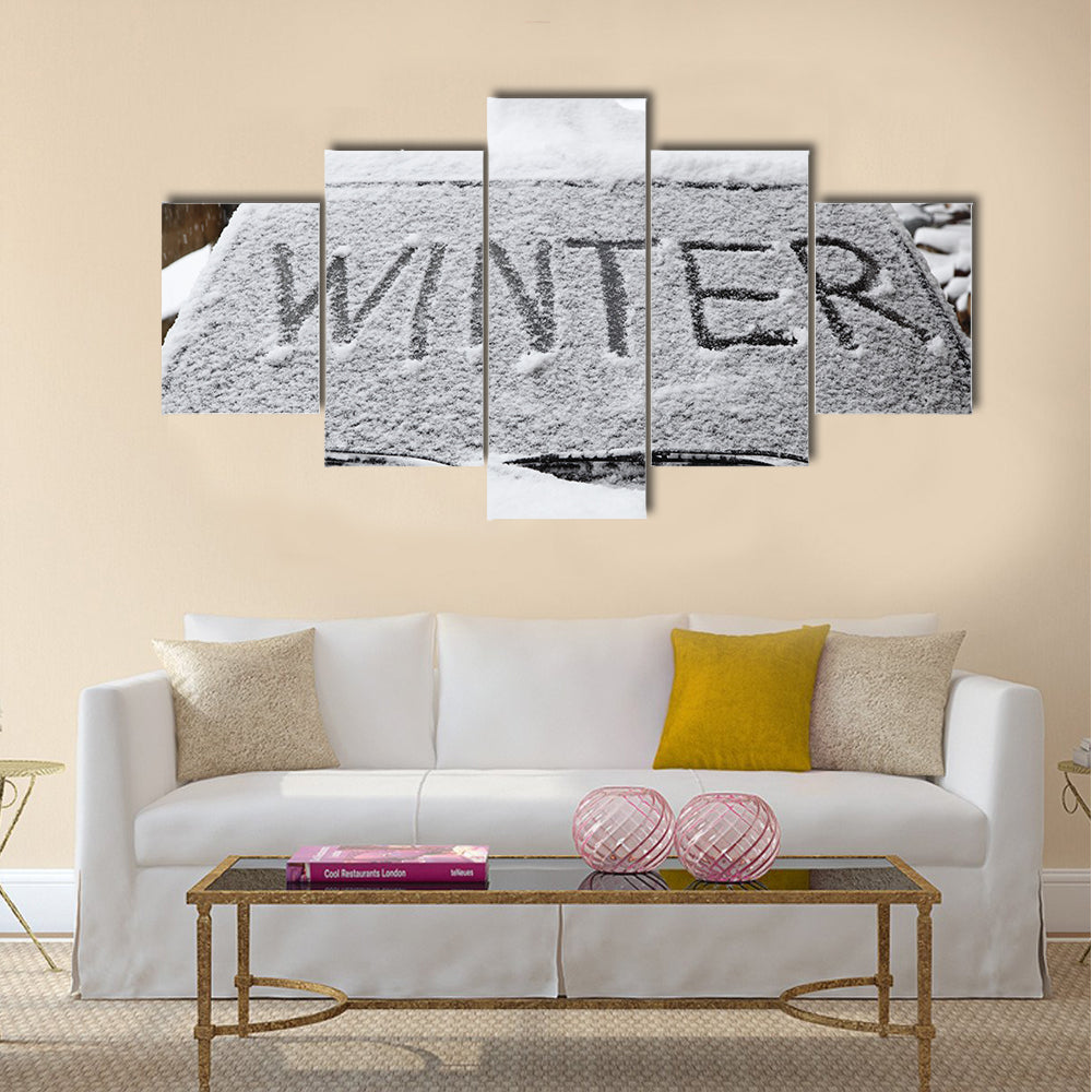 Winter with snow flakes on car screen Multi panel canvas wall art