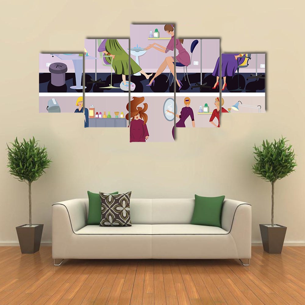 Beauty Salon Workers and Clients in Different Situations Multi Panel Canvas Wall Art