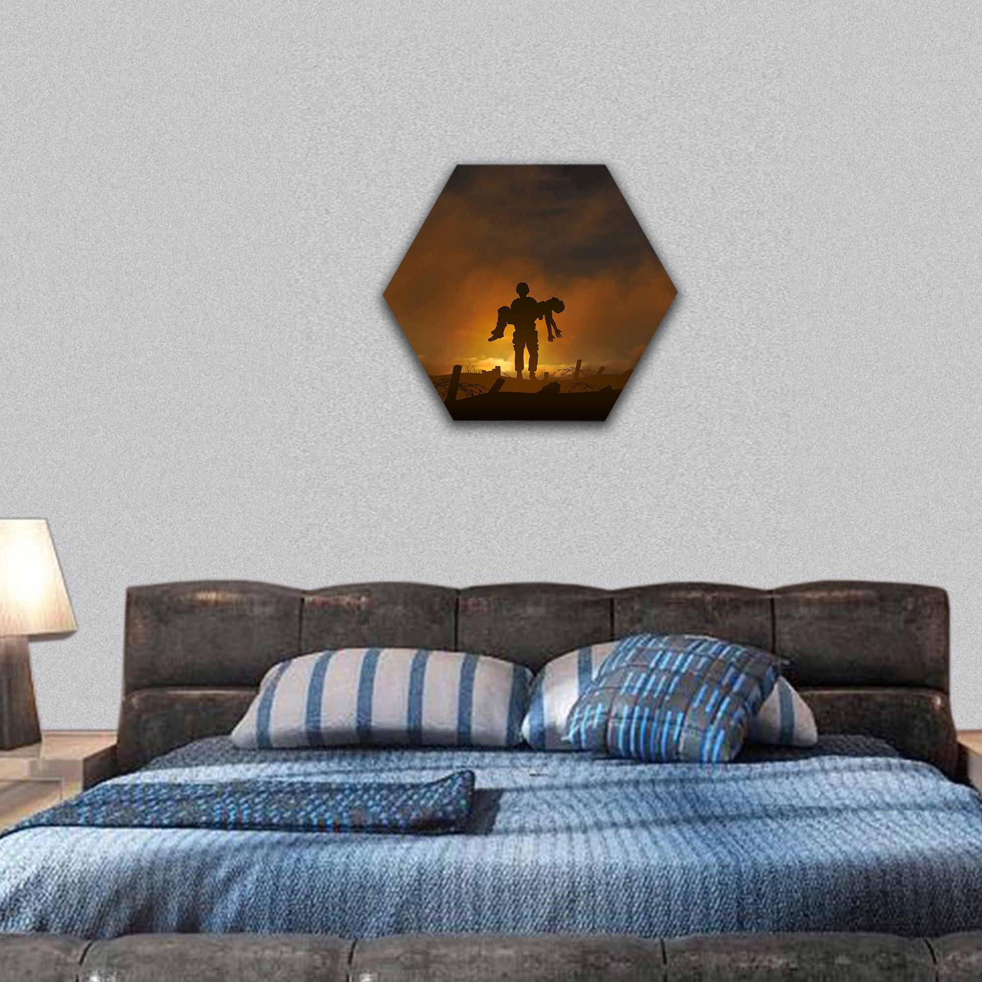 Soldier carrying a wounded comrade hexagonal canvas wall art