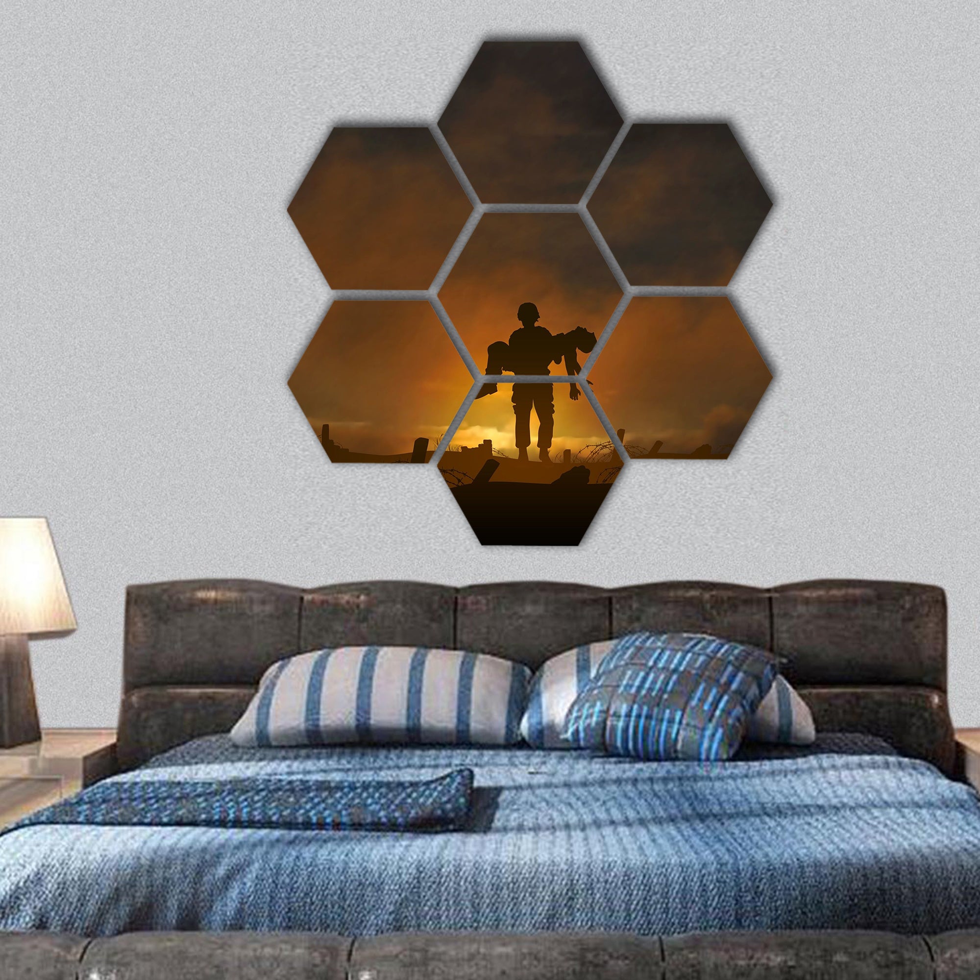 Soldier carrying a wounded comrade hexagonal canvas wall art