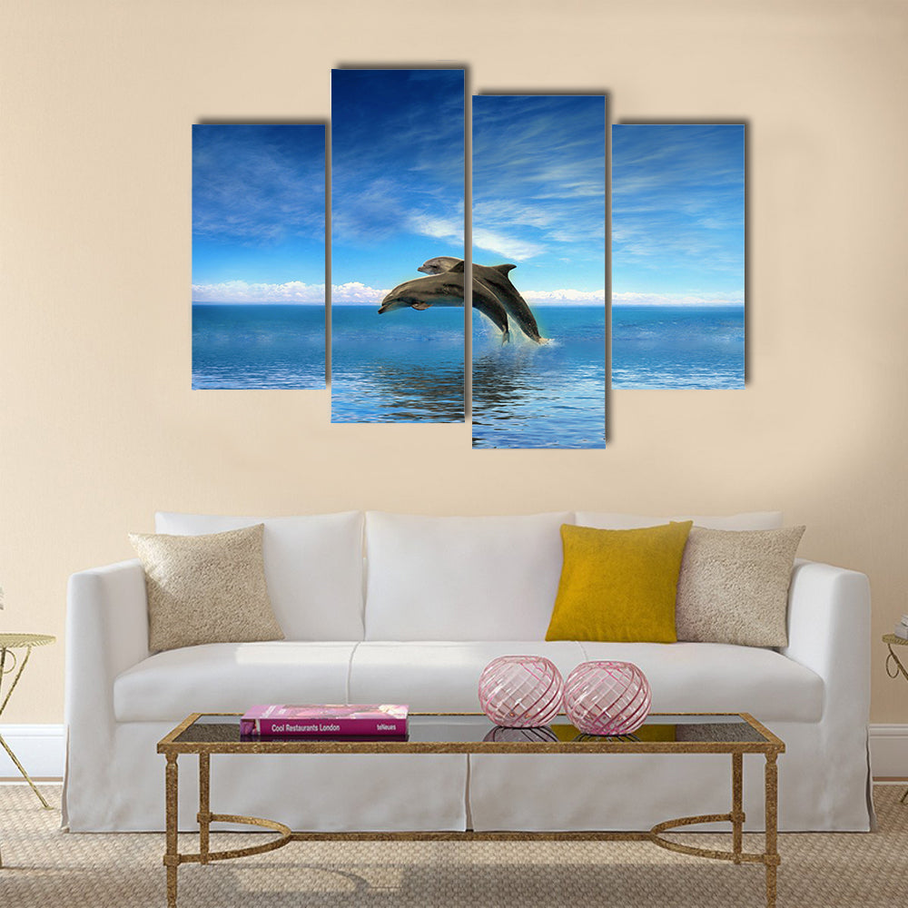 Two Beautiful Dolphins jumping on sea multi panel canvas wall art