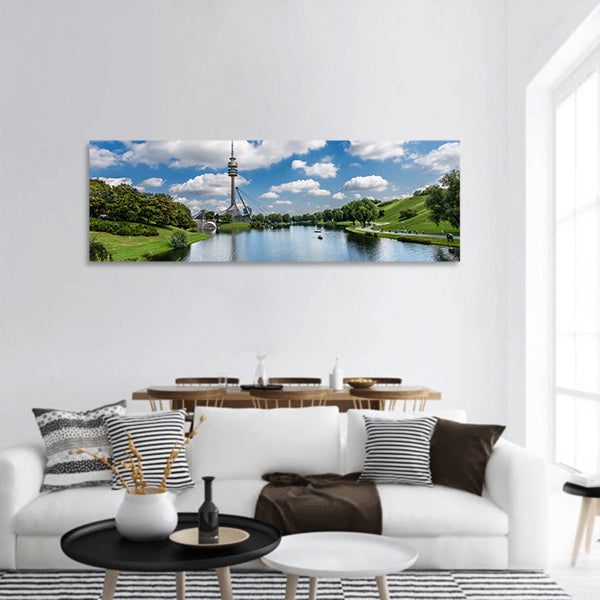 Beautiful lake view with greenery panoramic canvas wall art