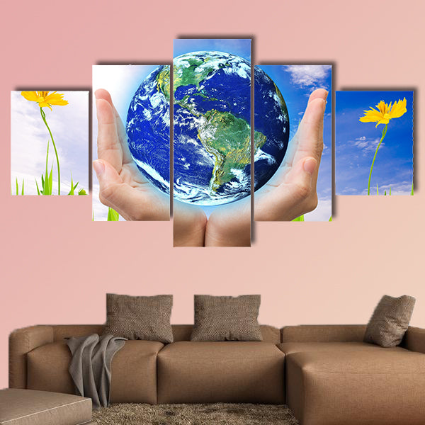Hand holding earth, saving earth concept, multi panel canvas wall art