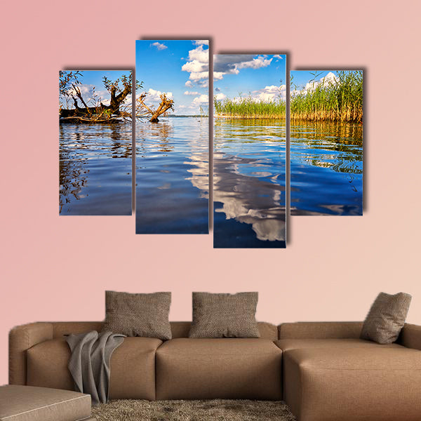 Beautiful forest with clouds reflecting on calm lake shore wall art