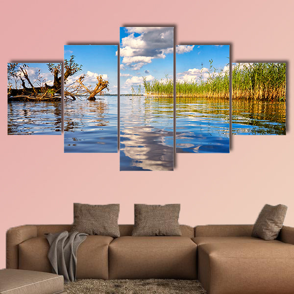 Beautiful forest with clouds reflecting on calm lake shore wall art