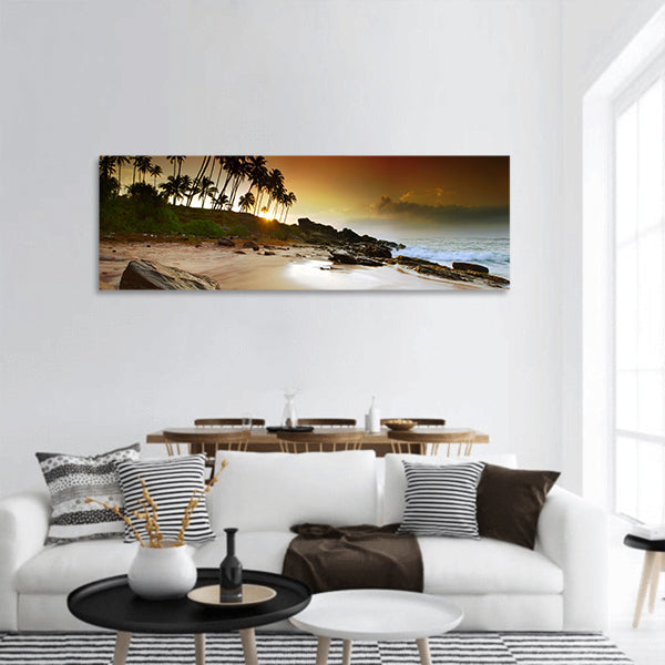 Sunrise under the coconut plams on Sri Lanka beach Panoramic Canvas Wall Art