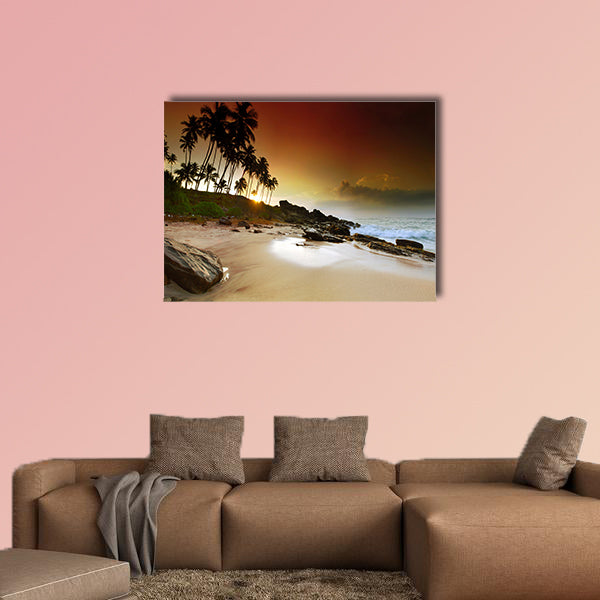 Extremely beautiful vivid sunrise under the coconut multi panel canvas wall art