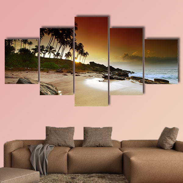 Extremely beautiful vivid sunrise under the coconut multi panel canvas wall art