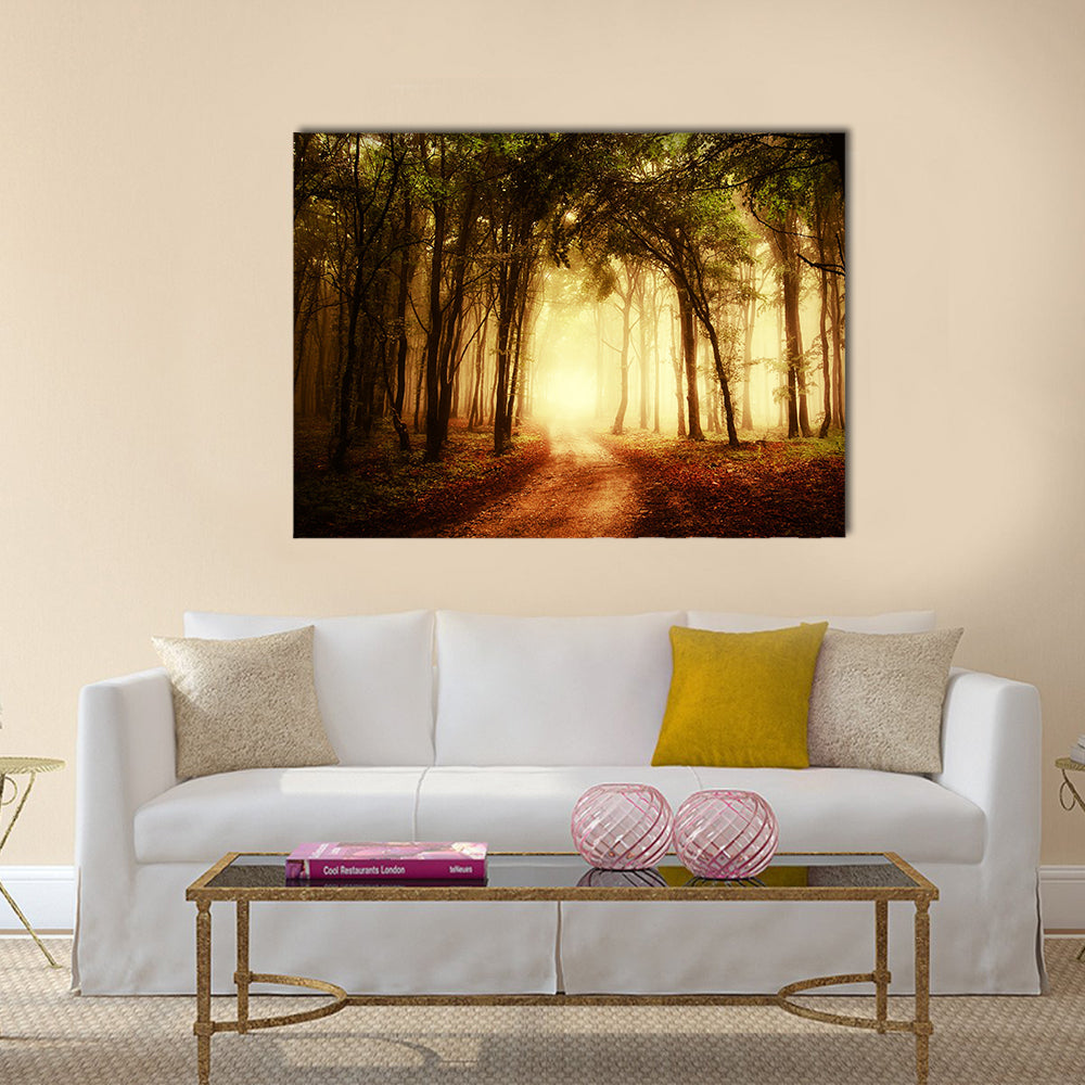 road through a golden forest at autumn multi panel canvas wall art