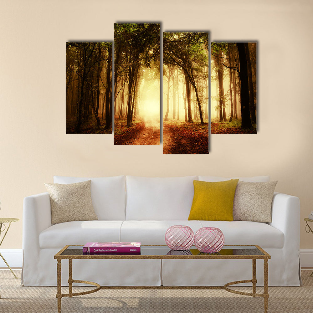 road through a golden forest at autumn multi panel canvas wall art