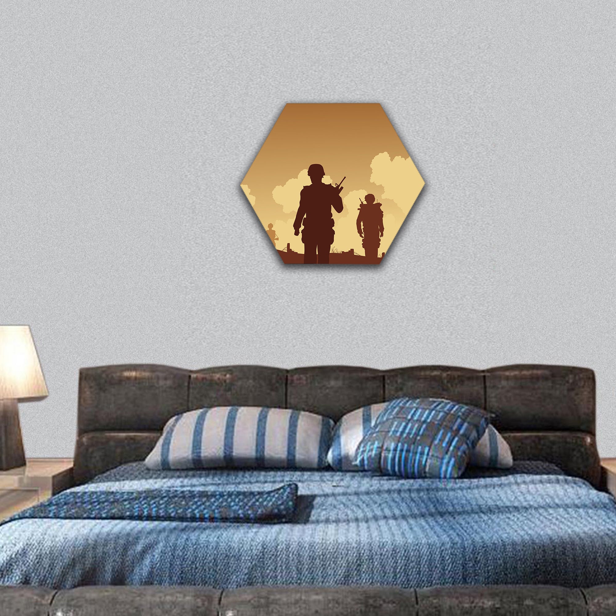 Editable illustration soldiers walking on patrol hexagonal canvas wall art