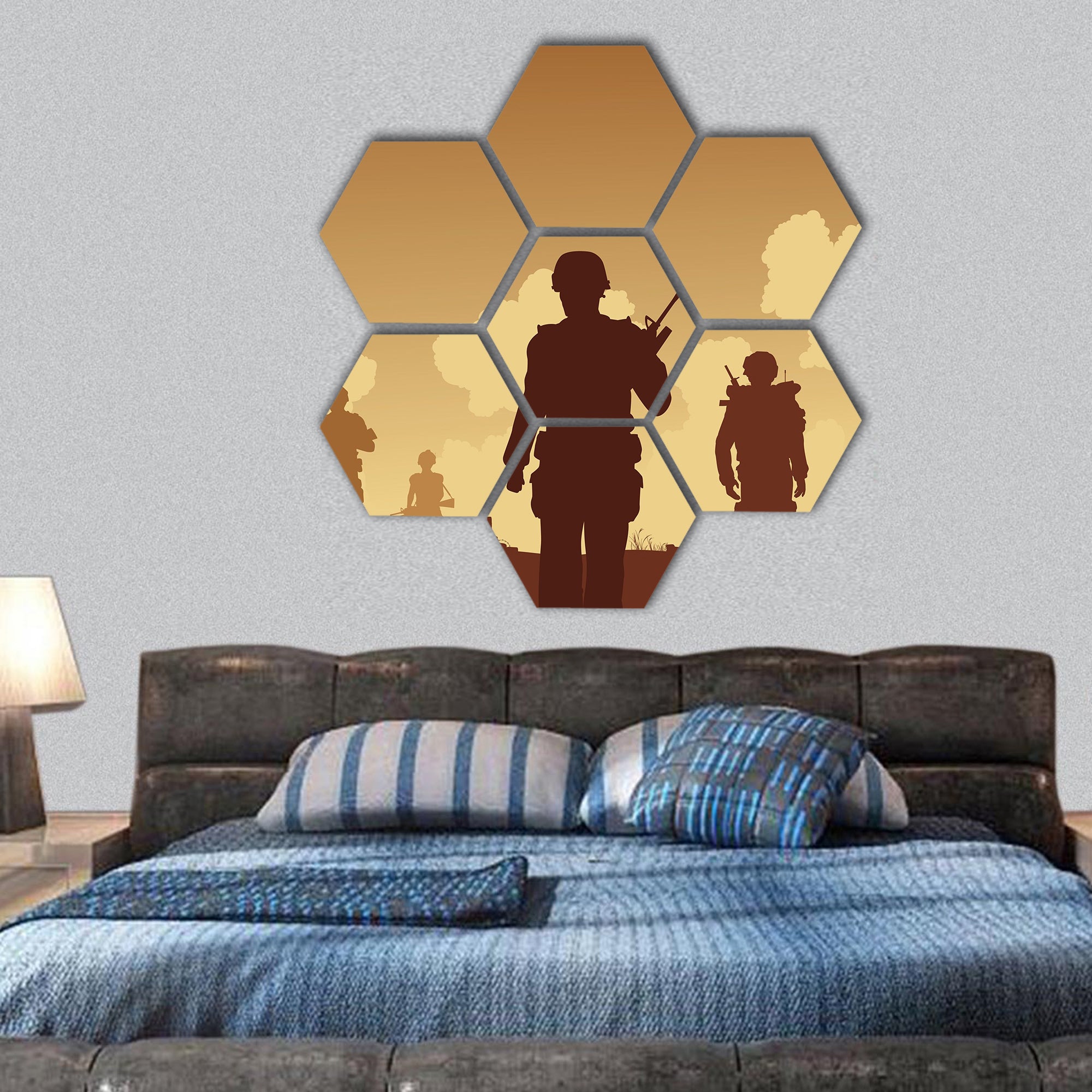 Editable illustration soldiers walking on patrol hexagonal canvas wall art