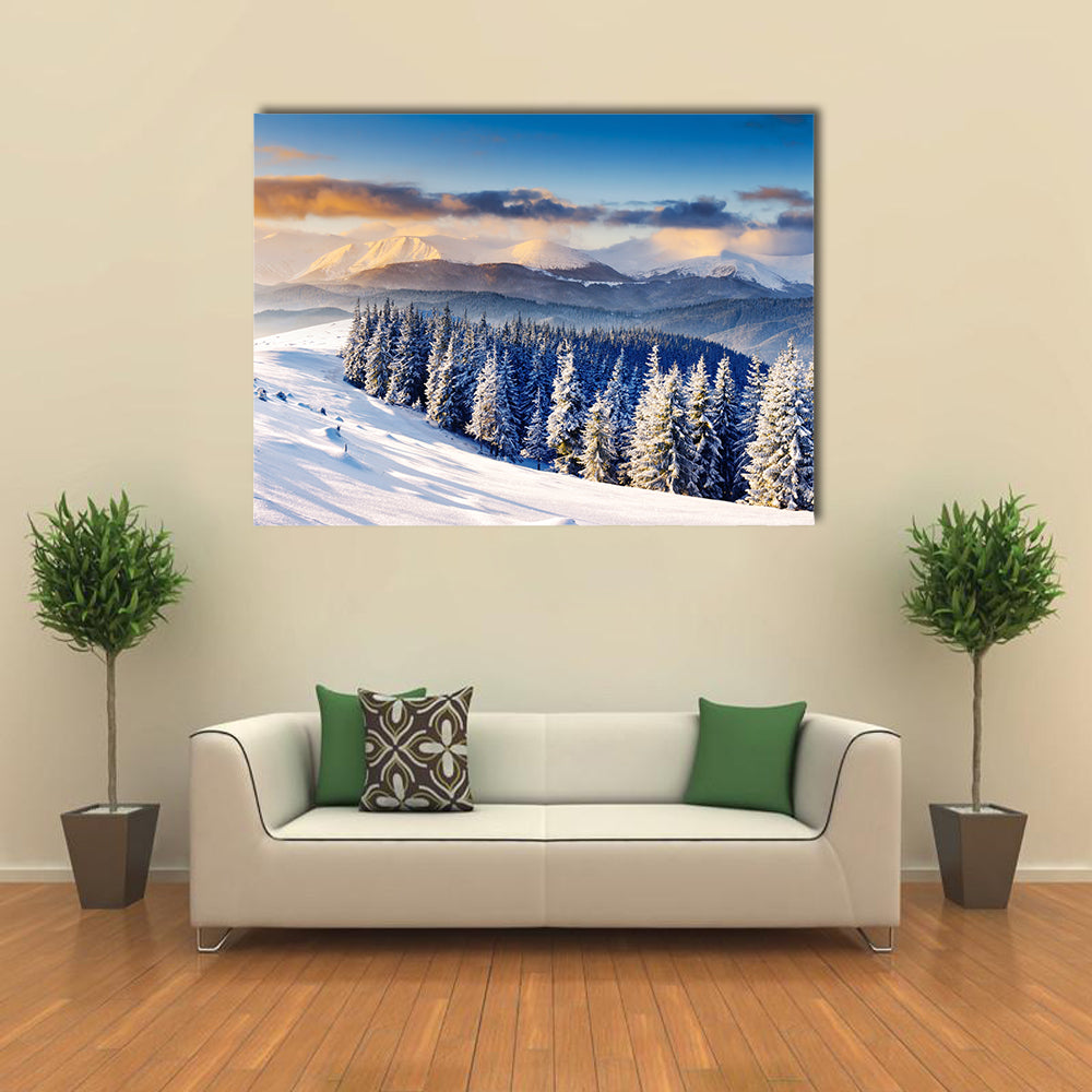 Majestic sunset in the winter mountains landscape multi panel canvas wall art