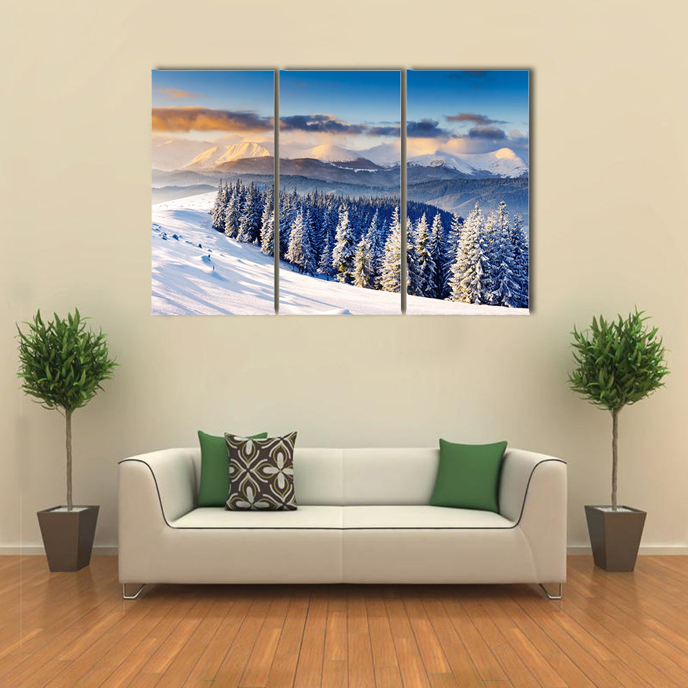 Majestic sunset in the winter mountains landscape multi panel canvas wall art