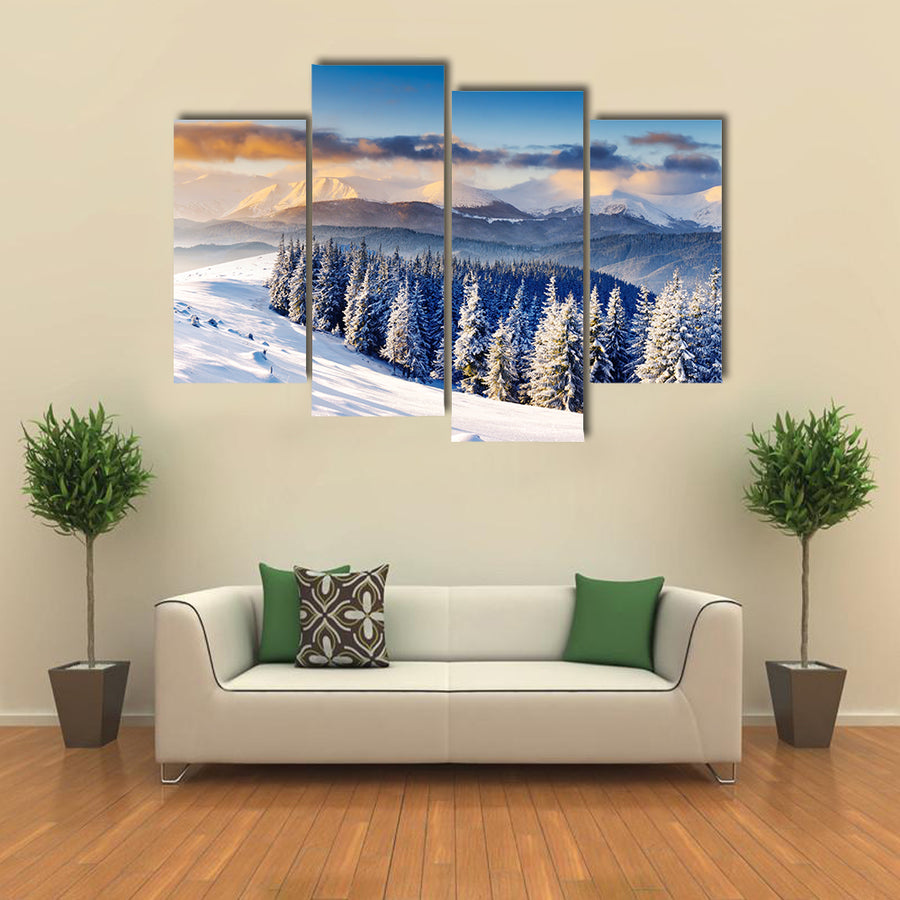 Majestic sunset in the winter mountains landscape multi panel canvas wall art