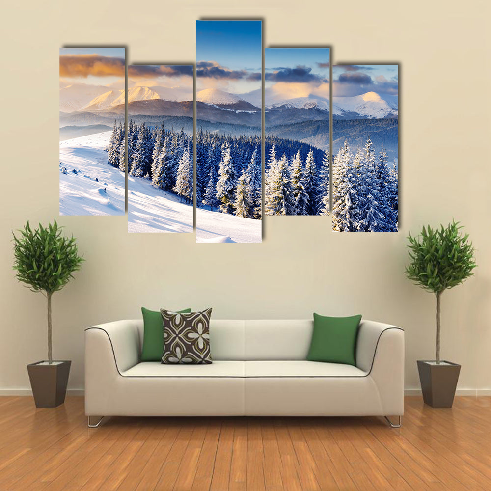 Majestic sunset in the winter mountains landscape multi panel canvas wall art